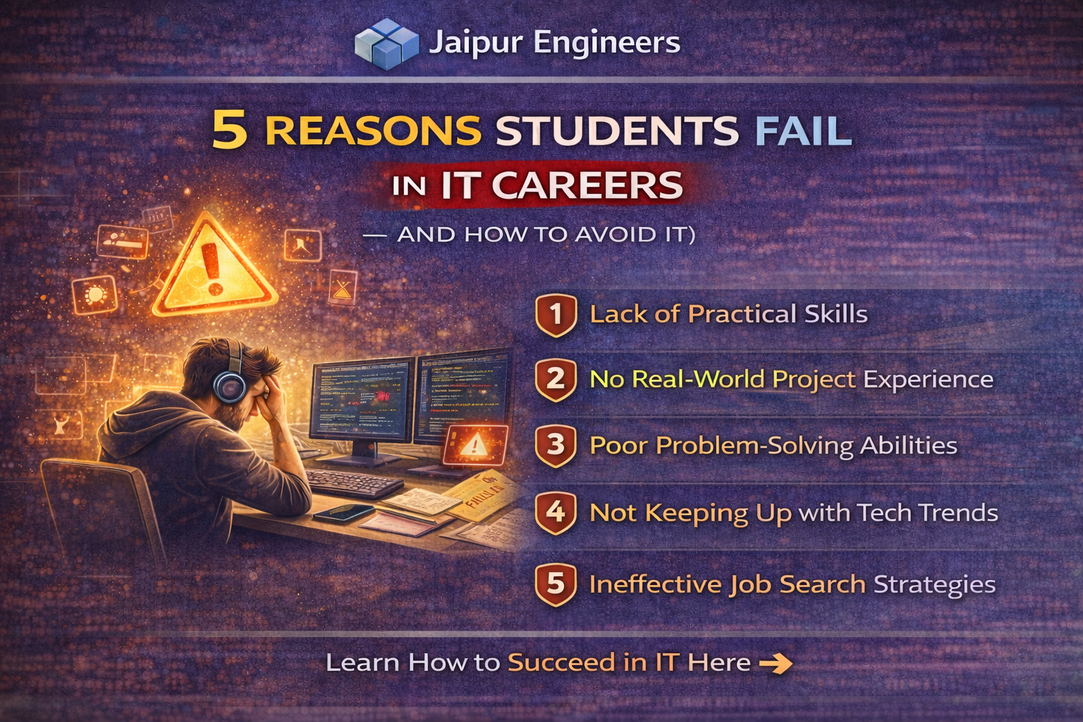 Common mistakes students make in IT careers infographic showing coding frustration and career growth tips