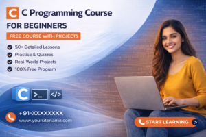 C programming course for beginners free with projects including lessons, quizzes and real world examples