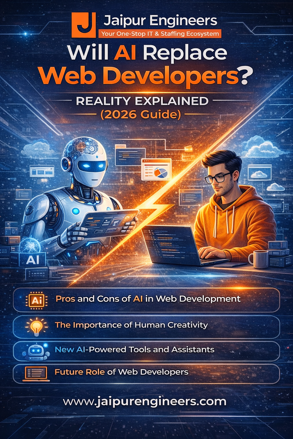 AI vs web developers infographic showing automation and human problem solving