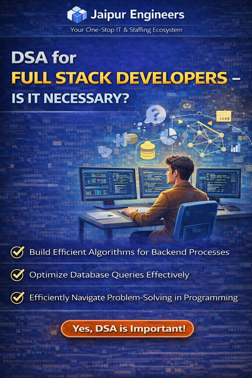 Data Structures and Algorithms for Full Stack Developers infographic showing arrays, stacks, and coding interview preparation