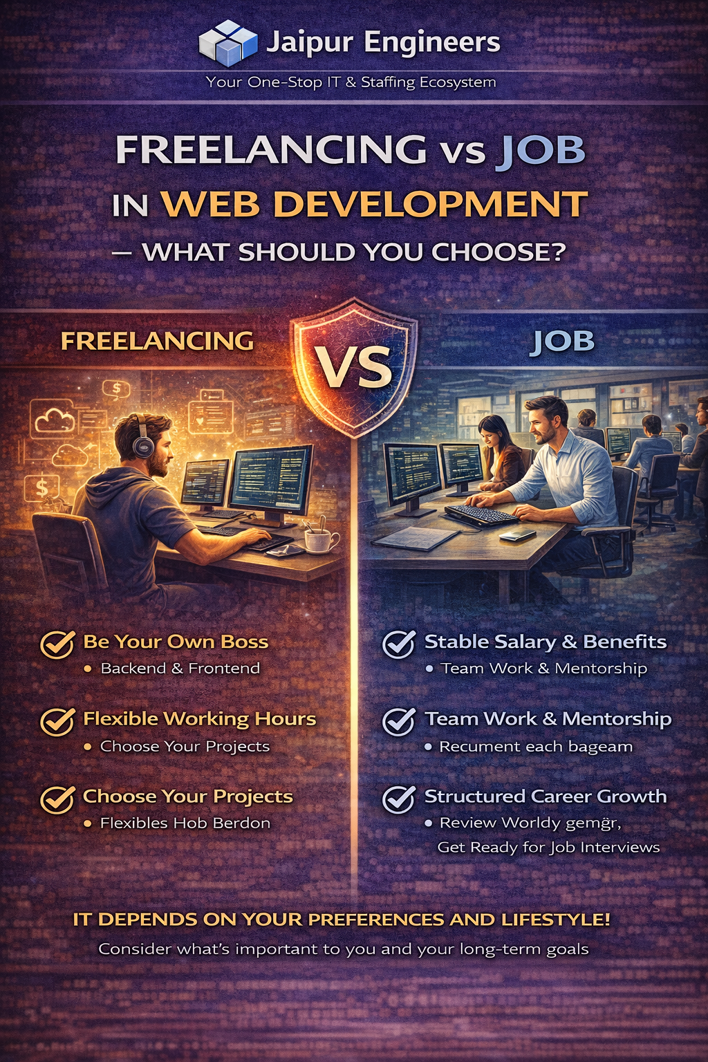 Freelancing vs job comparison for web developers showing remote work and office environment