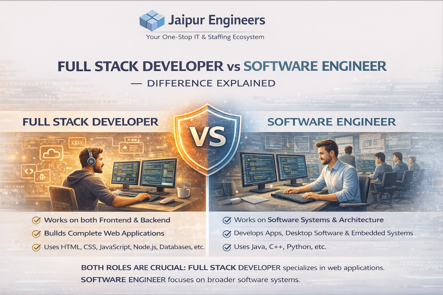 Full Stack Developer vs Software Engineer comparison infographic showing web development and system design roles