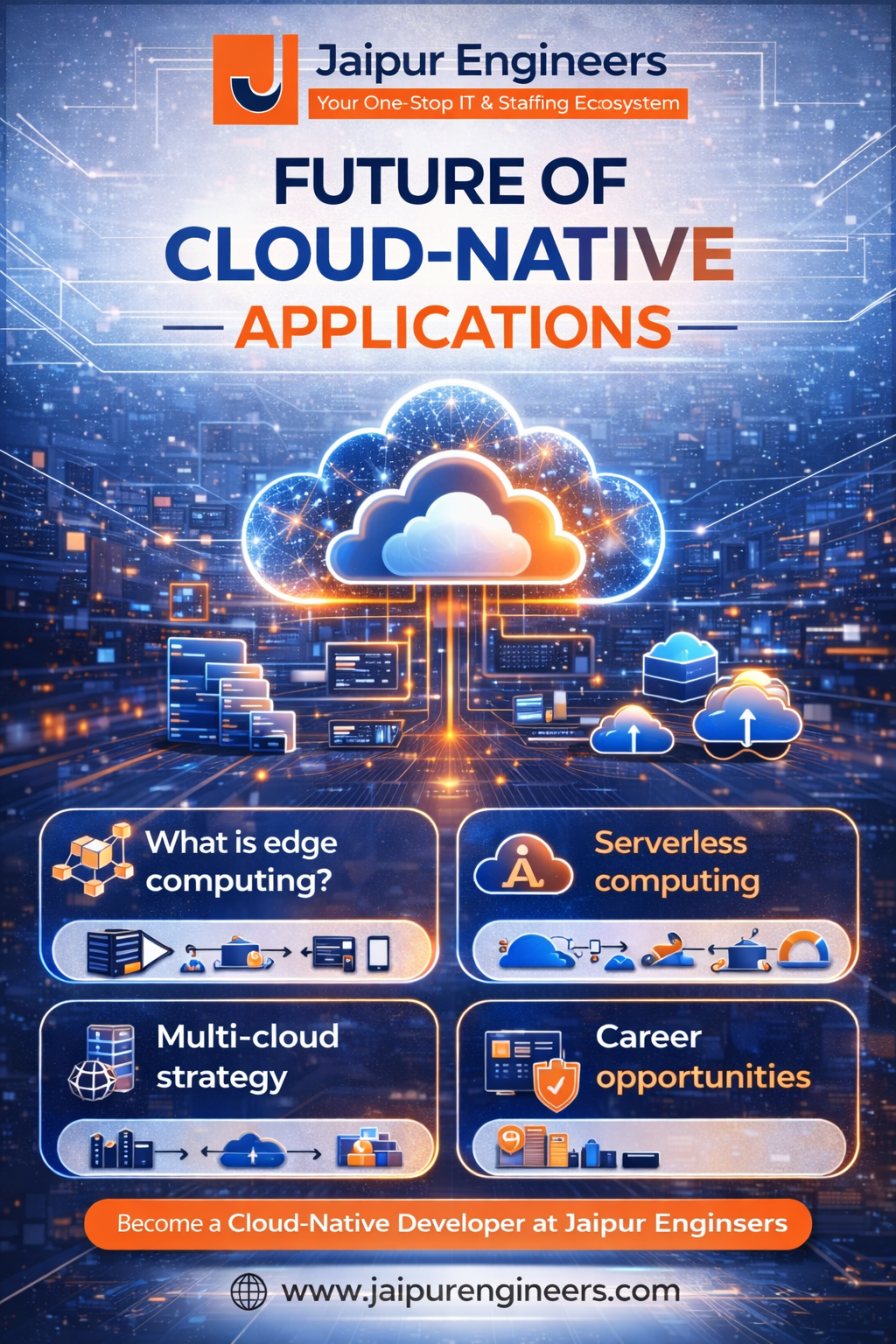 Illustration of cloud native development with containers, microservices, and serverless architecture