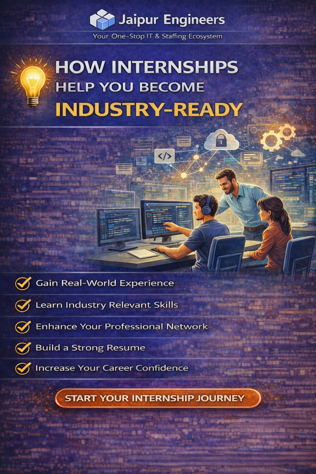 Software development internship students working on live projects in IT company