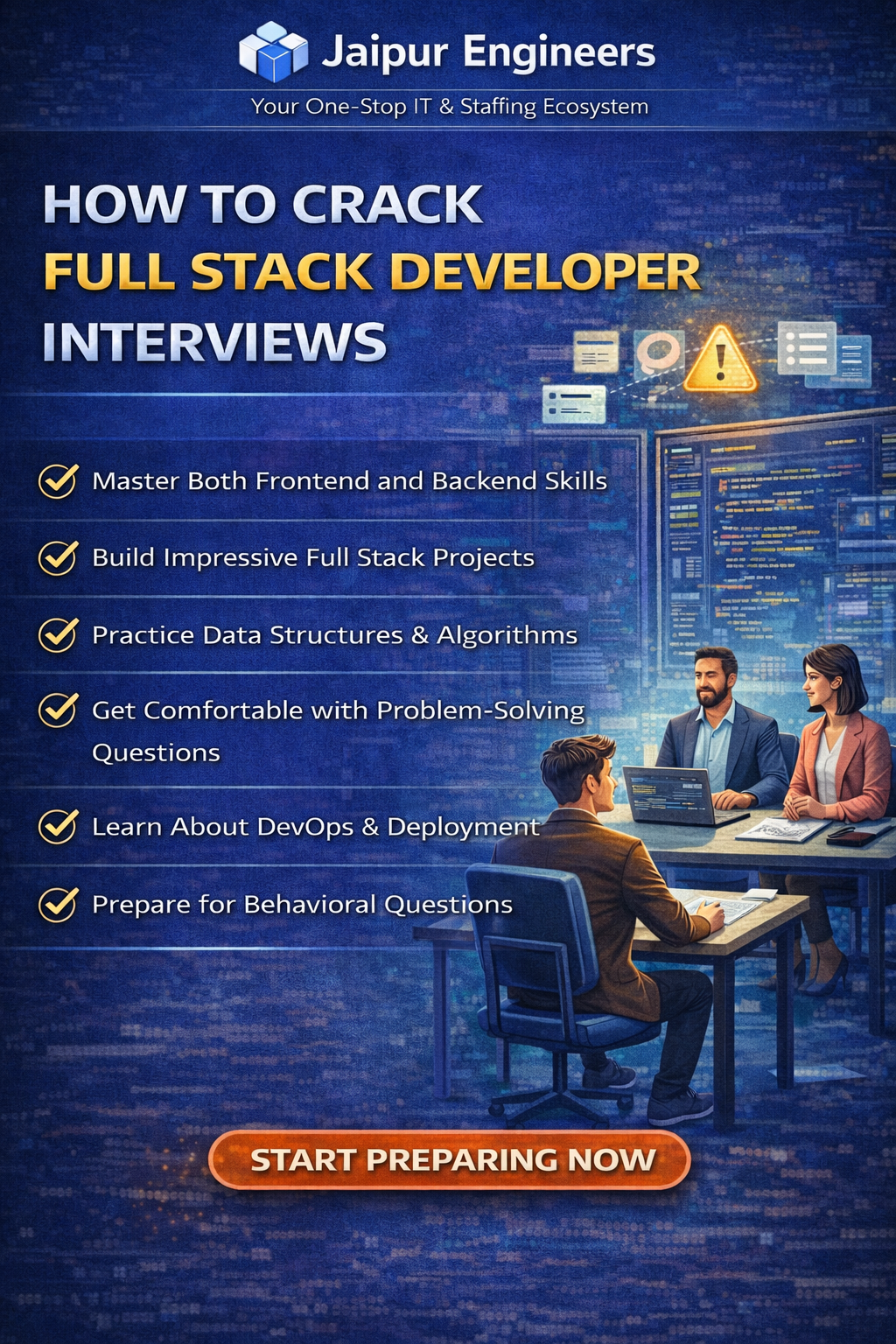 Full Stack developer interview preparation infographic with coding and technical discussion