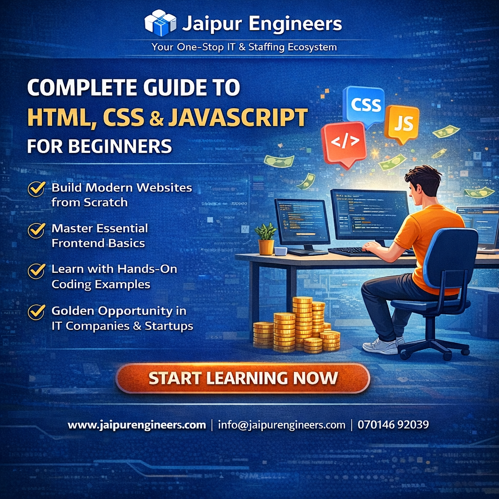 HTML CSS JavaScript beginner guide infographic for web development students in Jaipur and India