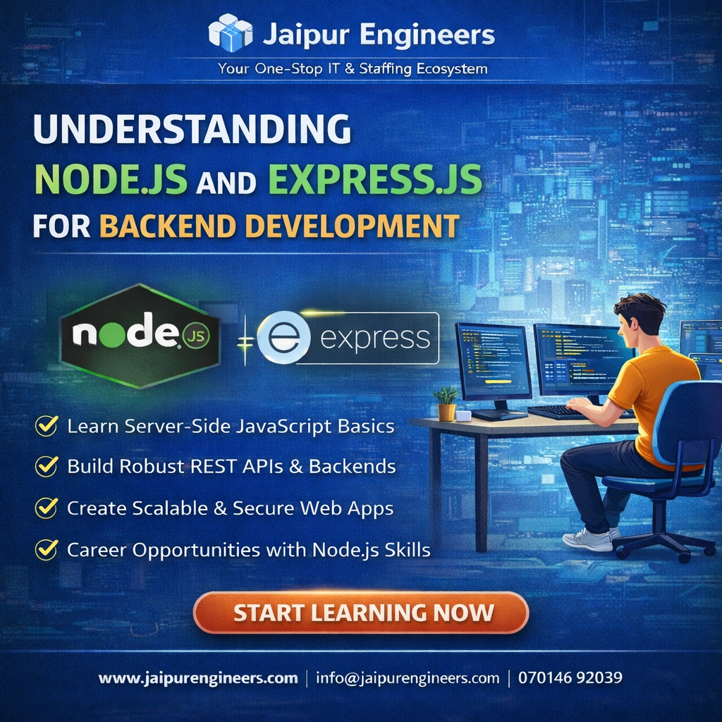 Node.js and Express.js backend development architecture infographic for beginners in Jaipur and India
