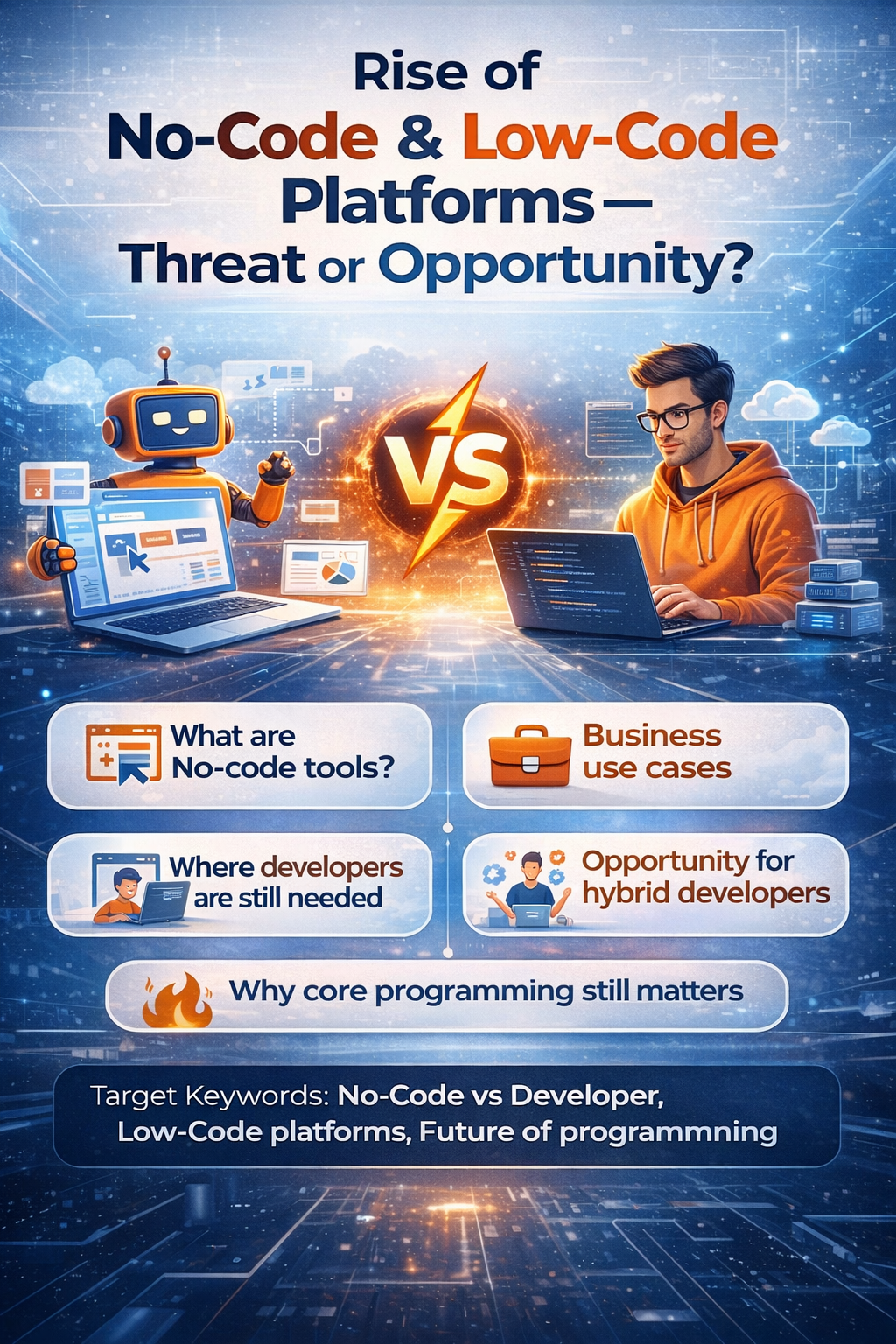 Comparison of No-Code platforms and traditional developers representing the future of programming