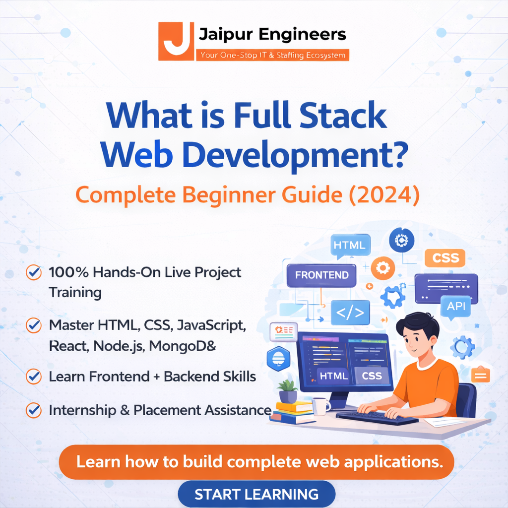 Featured image explaining What is Full Stack Web Development with frontend and backend technologies by Jaipur Engineers in Jaipur.