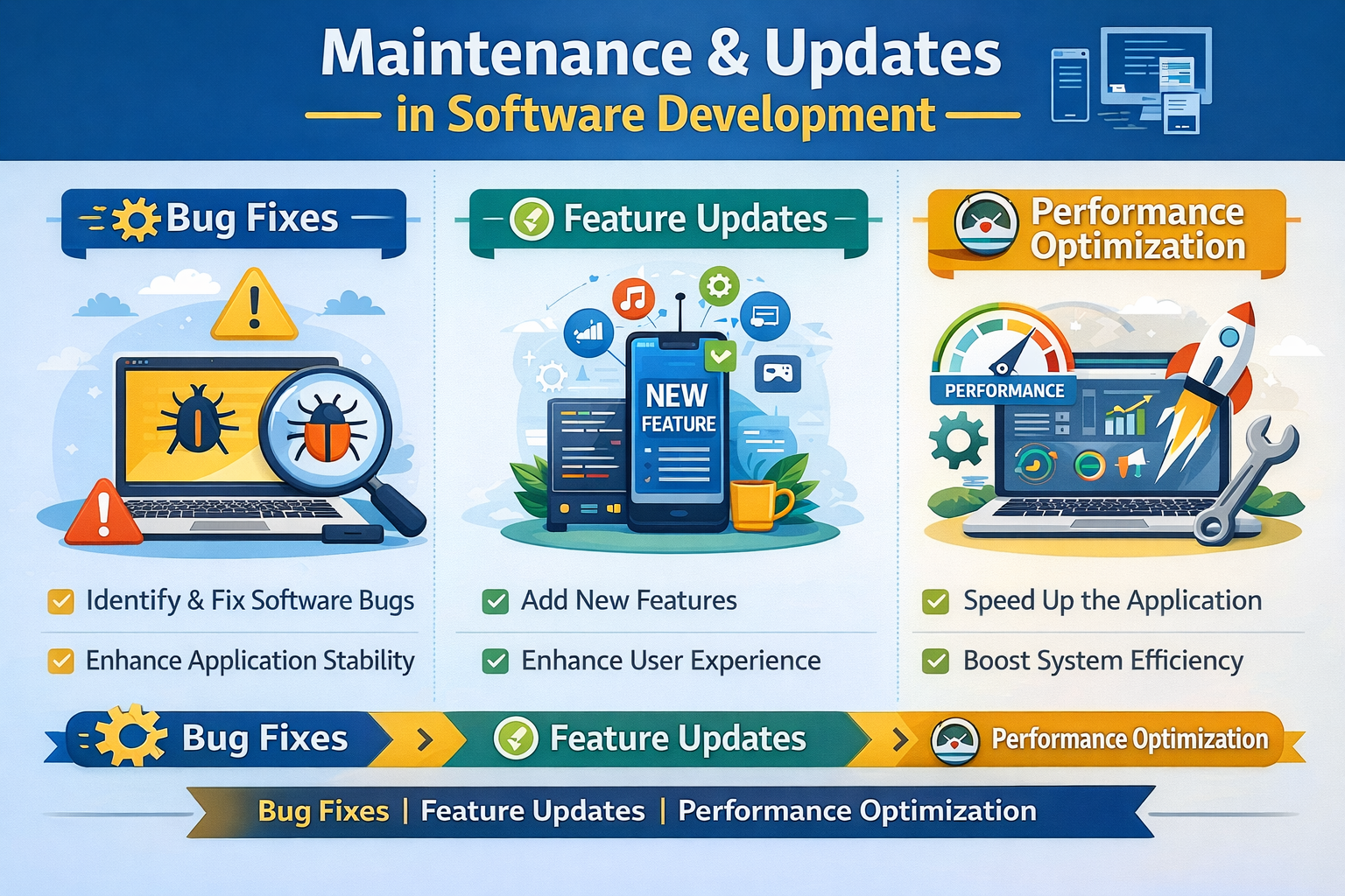 Software maintenance process including bug fixes feature updates and performance optimization