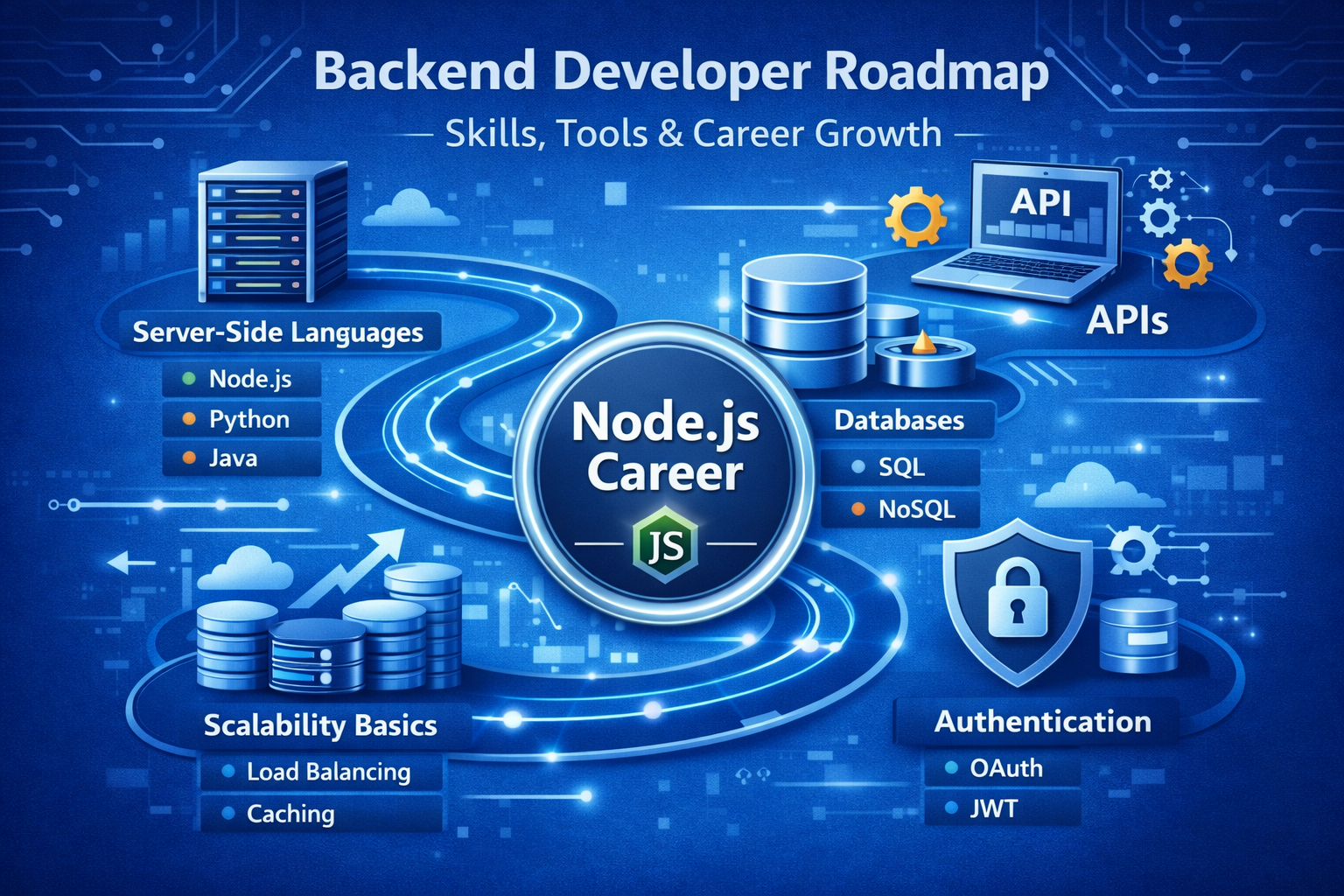 Backend developer roadmap including server side languages databases APIs authentication and scalability