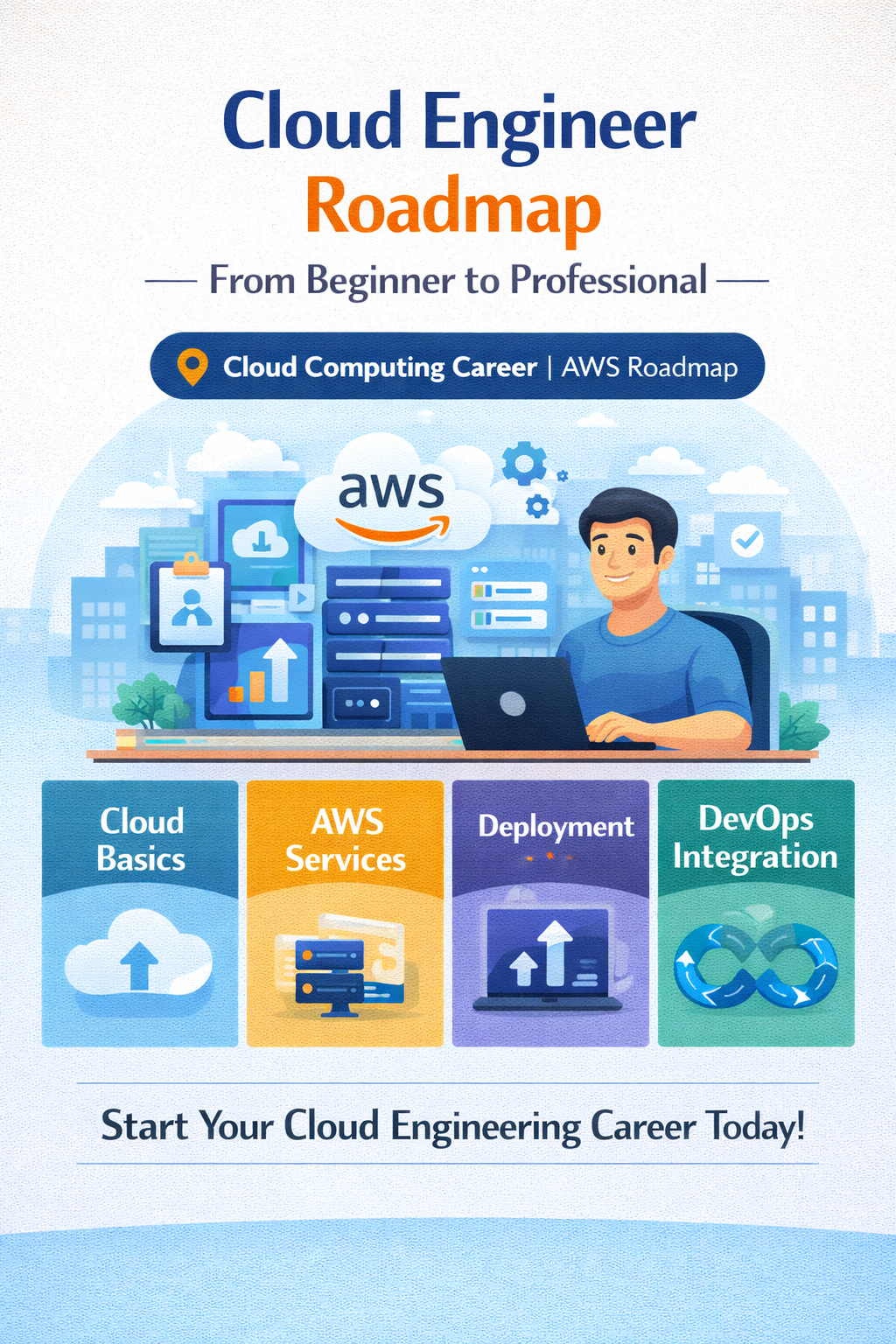 Cloud engineer roadmap including cloud basics AWS services deployment and DevOps integration