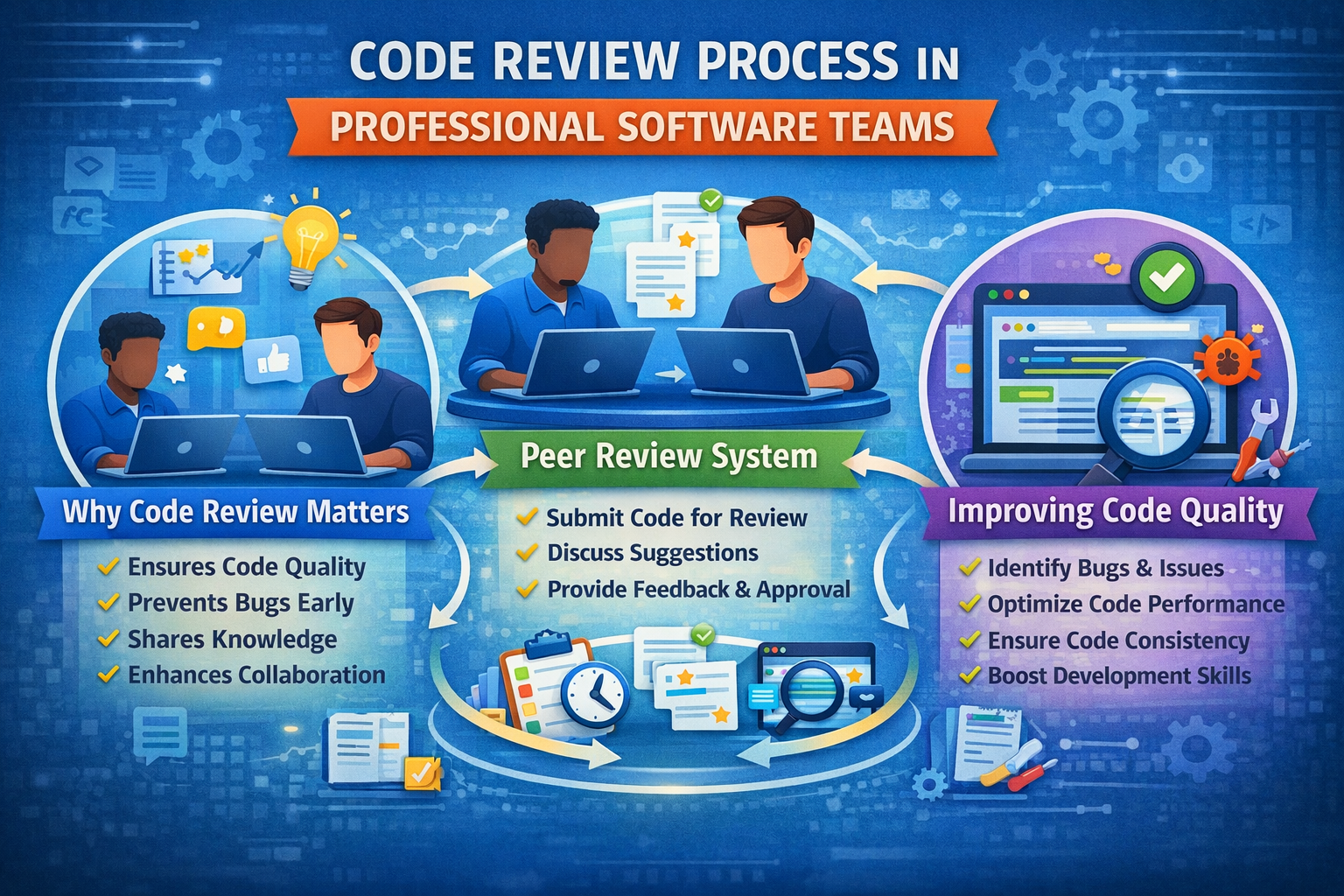 Code review best practices with peer review system and developer collaboration