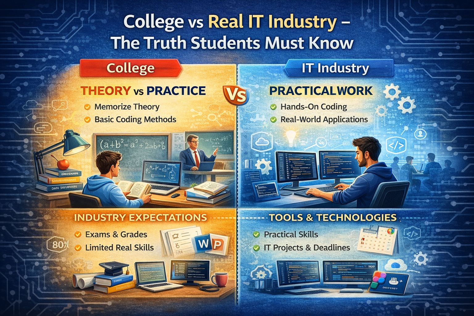 Difference between college learning and real IT industry work practical vs theoretical gap