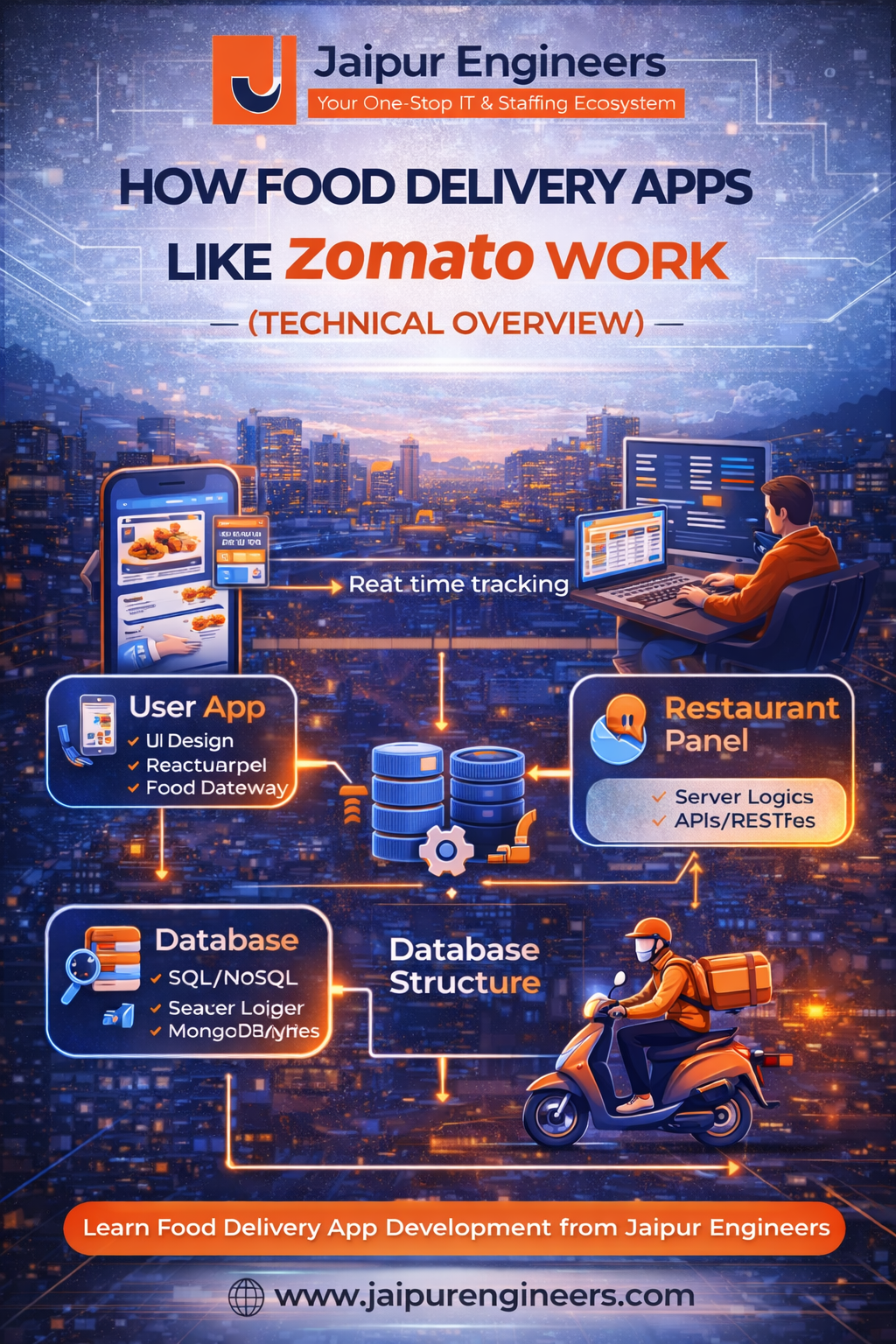 Diagram showing user app, restaurant panel, delivery module, and backend server in food delivery app