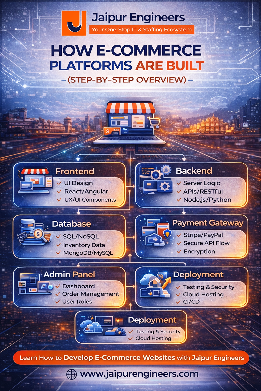 Diagram showing frontend, backend, payment gateway, and database structure of an e-commerce website