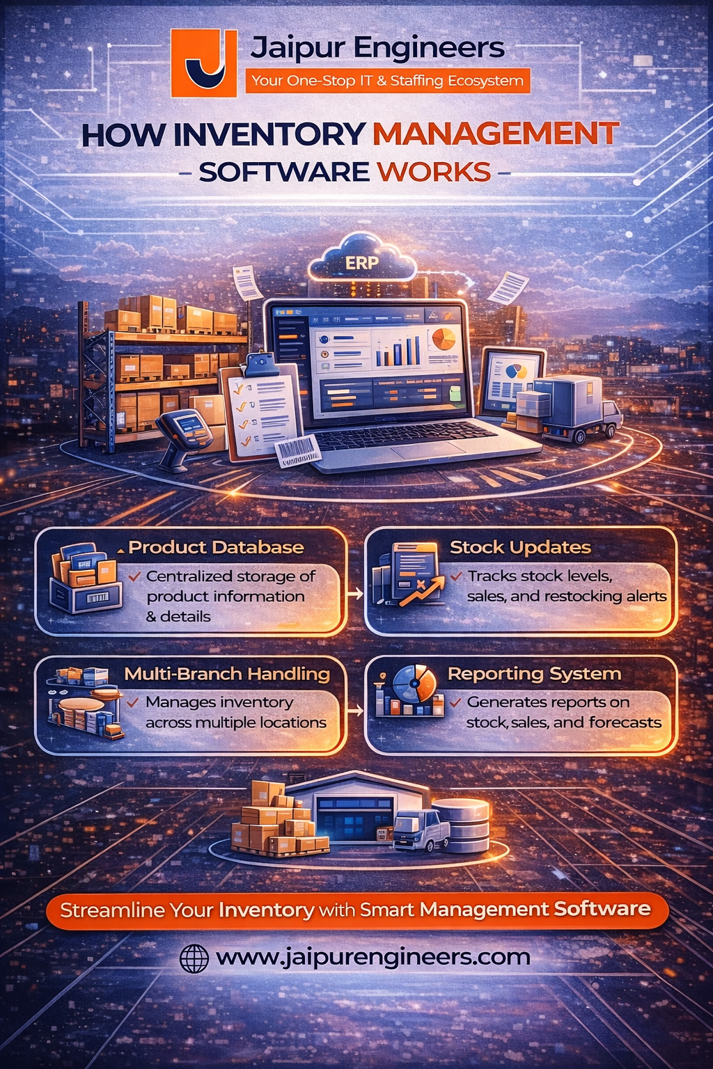 Dashboard showing stock management, multi-branch handling, and ERP integration