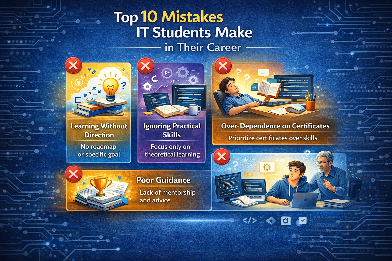 Common IT career mistakes including no practical skills no project experience and poor guidance