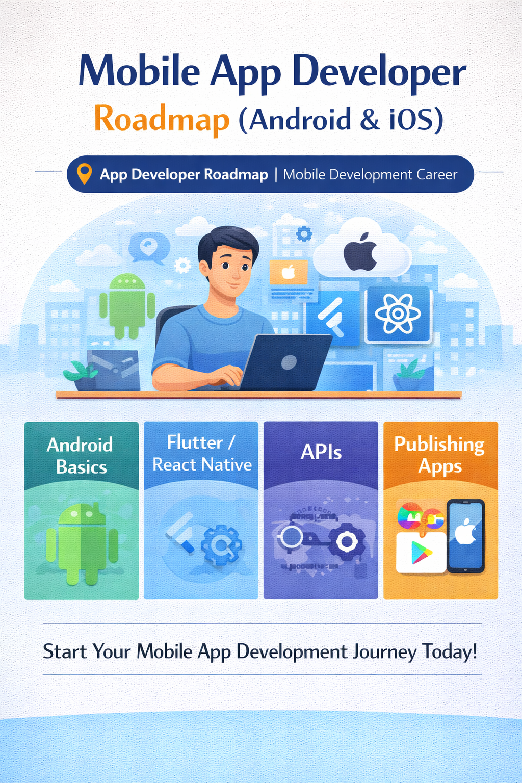 Mobile app developer roadmap including Android Flutter React Native APIs and app publishing