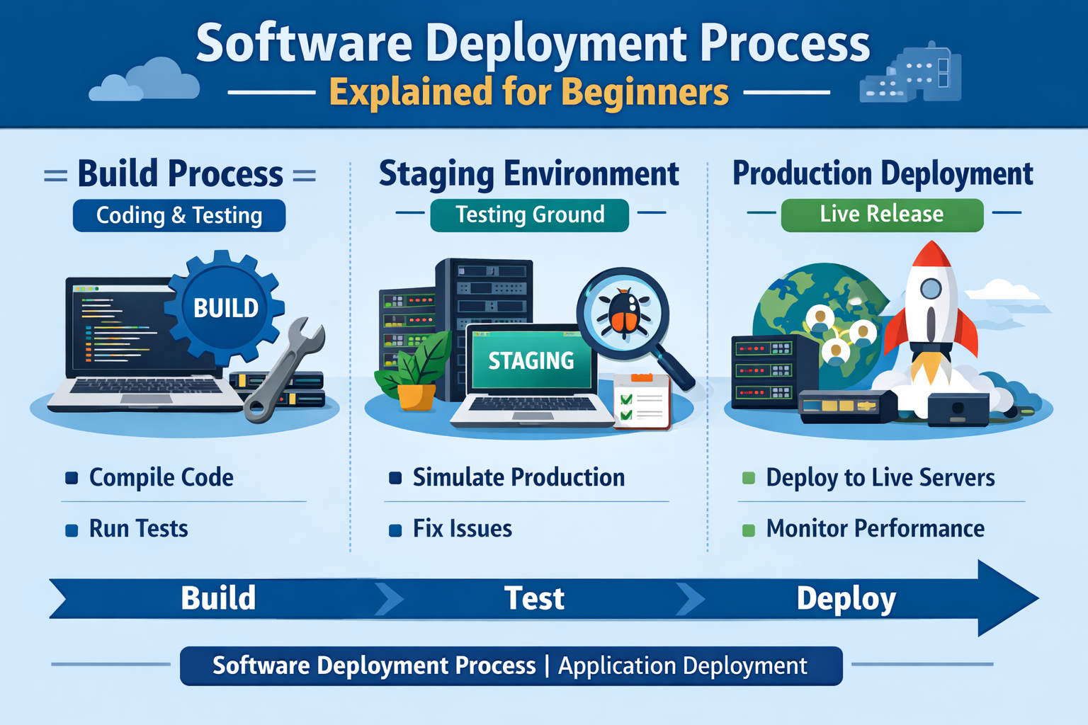 Software deployment process including build process staging environment and production deployment