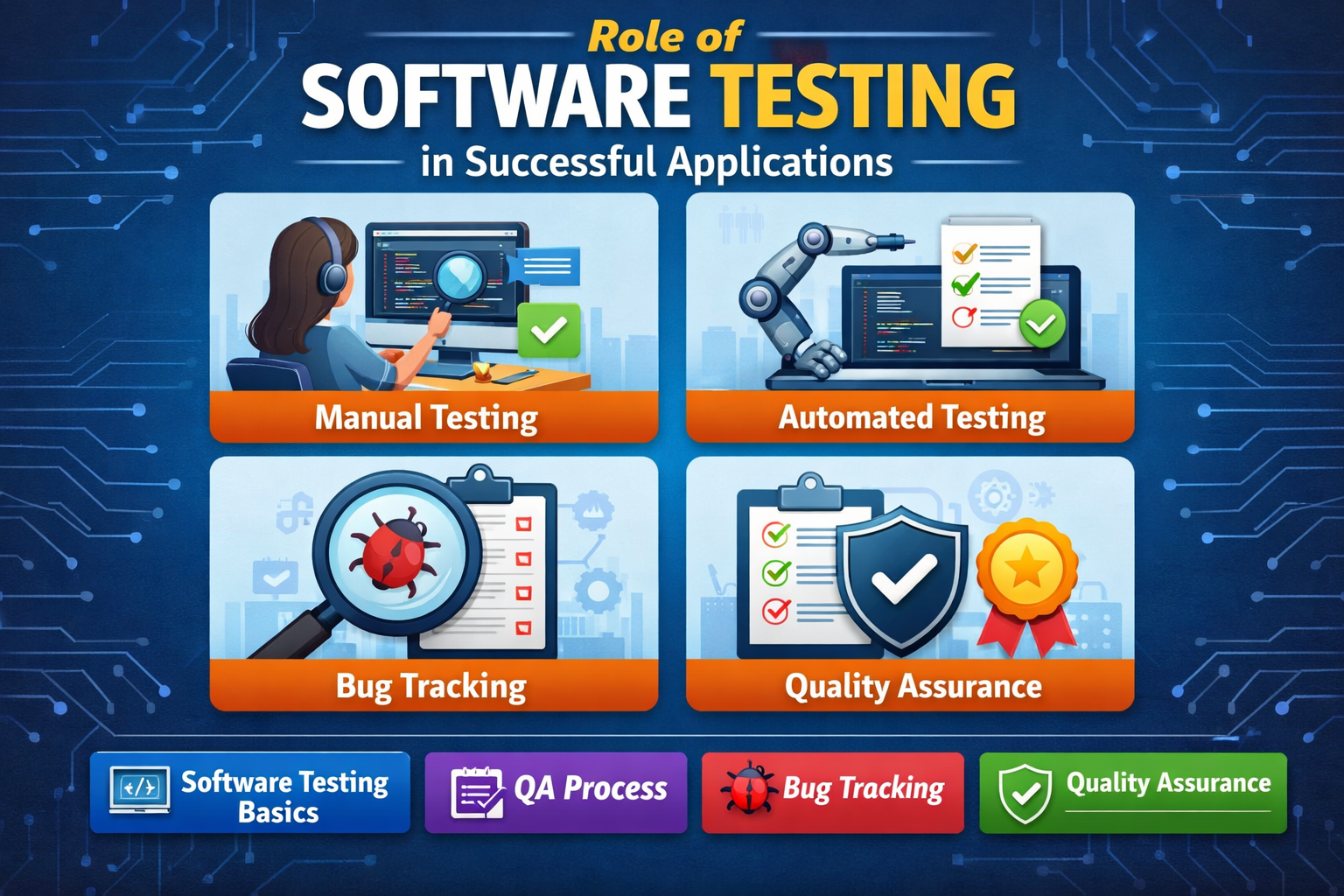 Software testing process including manual testing automated testing bug tracking and quality assurance