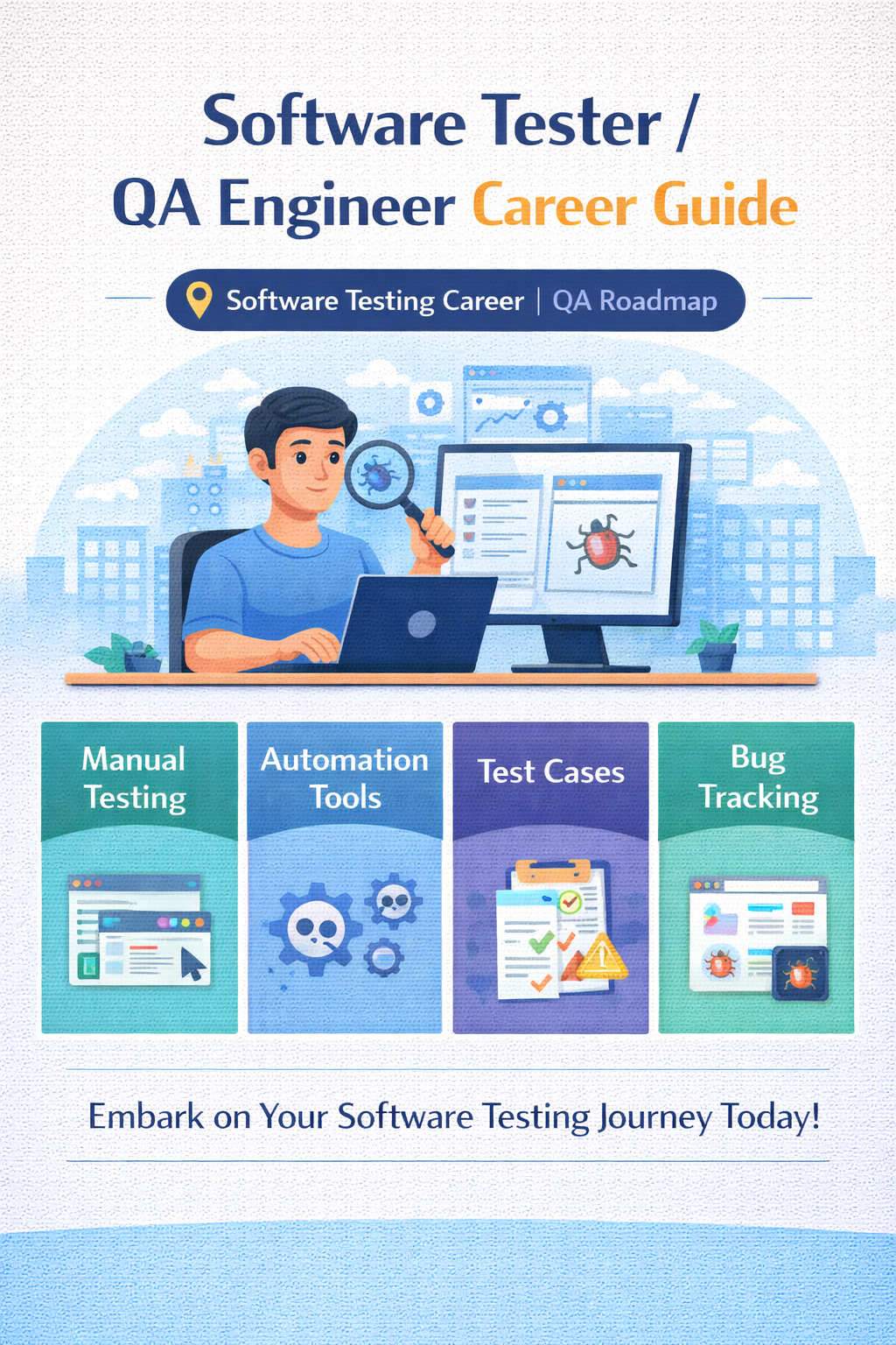 Software testing career roadmap including manual testing automation test cases and bug tracking
