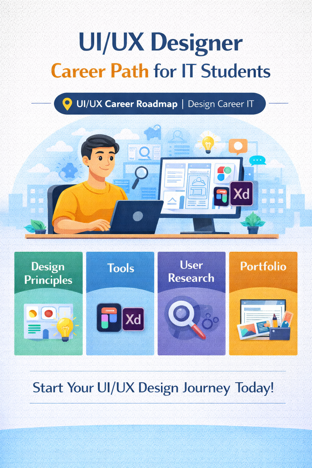 UI UX career roadmap including design principles tools user research and portfolio