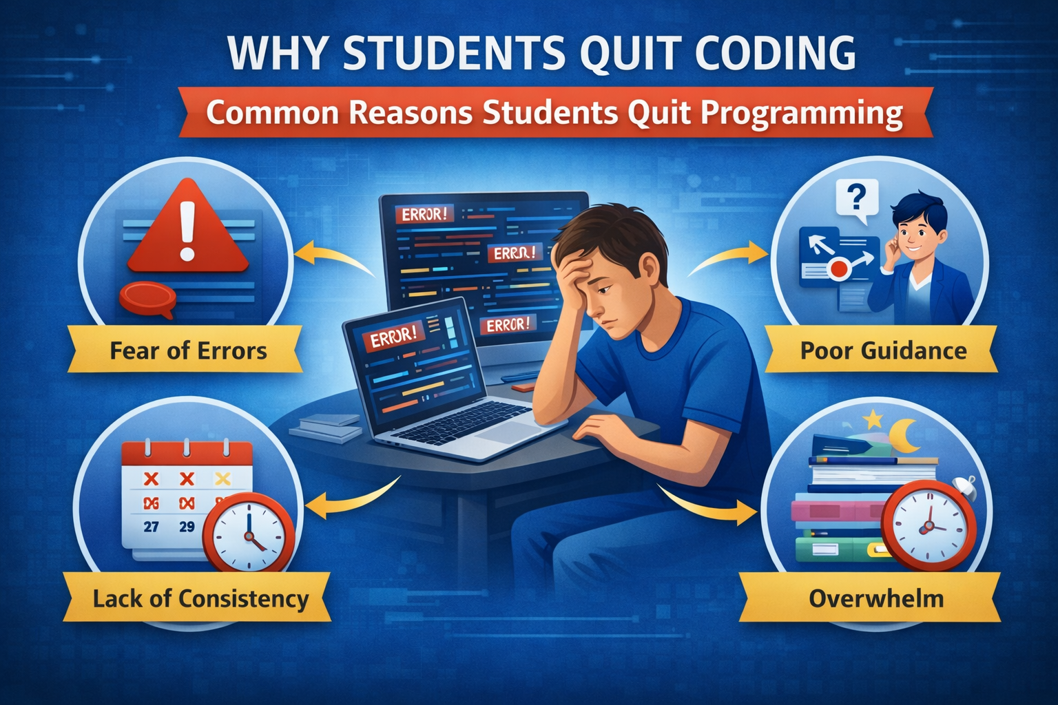 Reasons why students quit coding including fear of errors lack of consistency poor guidance and overwhelm