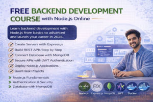 Free backend development course with Node.js online banner showing course features, topics like Express.js, MongoDB, JWT, and a developer working on laptop