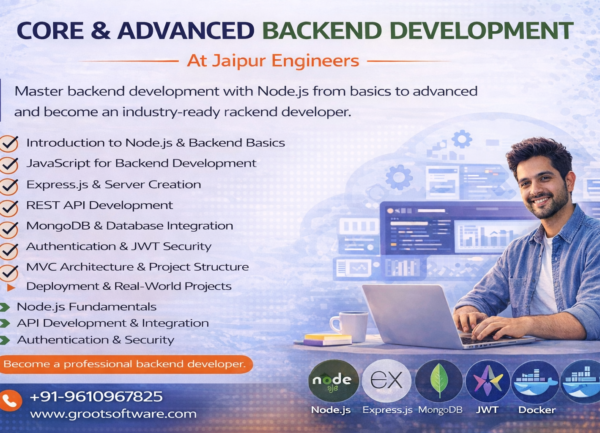 Core and advanced backend development course with Node.js showing topics like Express.js, MongoDB, JWT authentication and a developer working on laptop