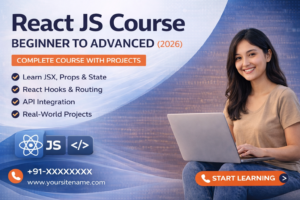 React JS course banner with beginner to advanced training, projects, and modern frontend development