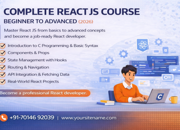 React JS course featured image showing beginner to advanced training with projects, hooks, routing and API integration