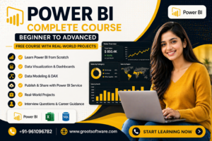 Power BI complete course banner with data analytics dashboard and training details