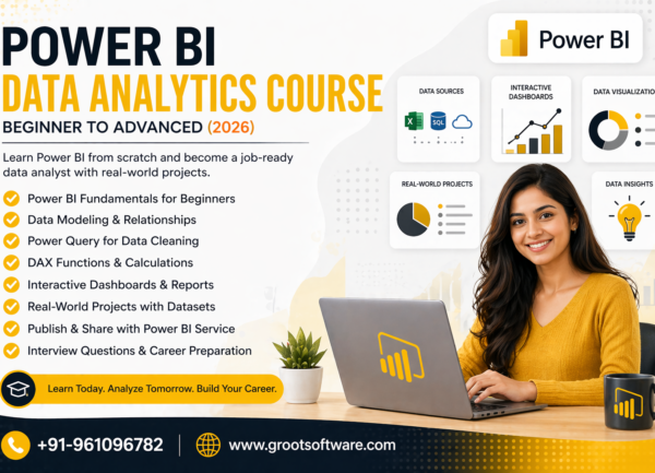 Power BI data analytics course banner with dashboards, DAX, and visualization training
