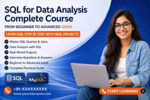 SQL for Data Analysis Course banner with student learning SQL on laptop and course highlights