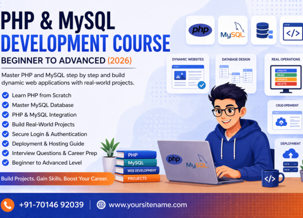 php mysql development course banner with projects and backend training