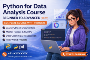 Python for Data Analysis Course banner showing beginner to advanced training with Pandas, NumPy, data visualization and real world projects