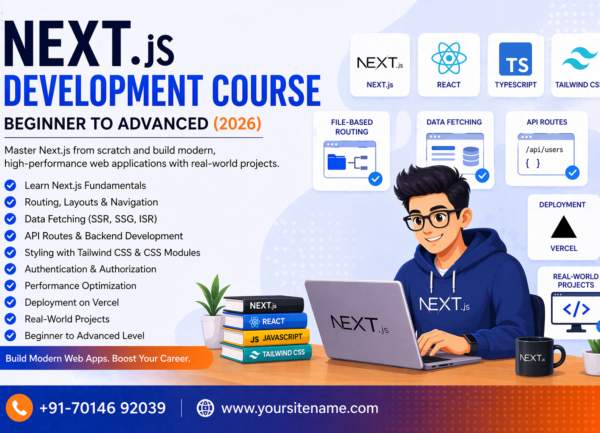 Next.js development course banner showing beginner to advanced training with React, TypeScript, Tailwind CSS and real world projects