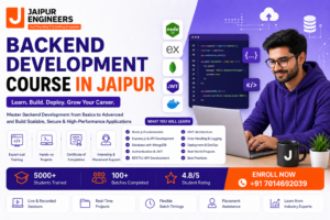 Backend development course in Jaipur with Node.js showing Express.js, MongoDB, JWT, REST API and developer coding on laptop