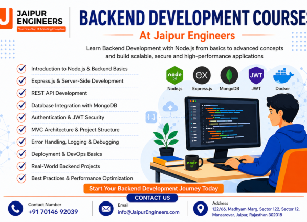 Backend development course with Node.js banner showing topics like Express.js, MongoDB, JWT, REST API and developer working on computer