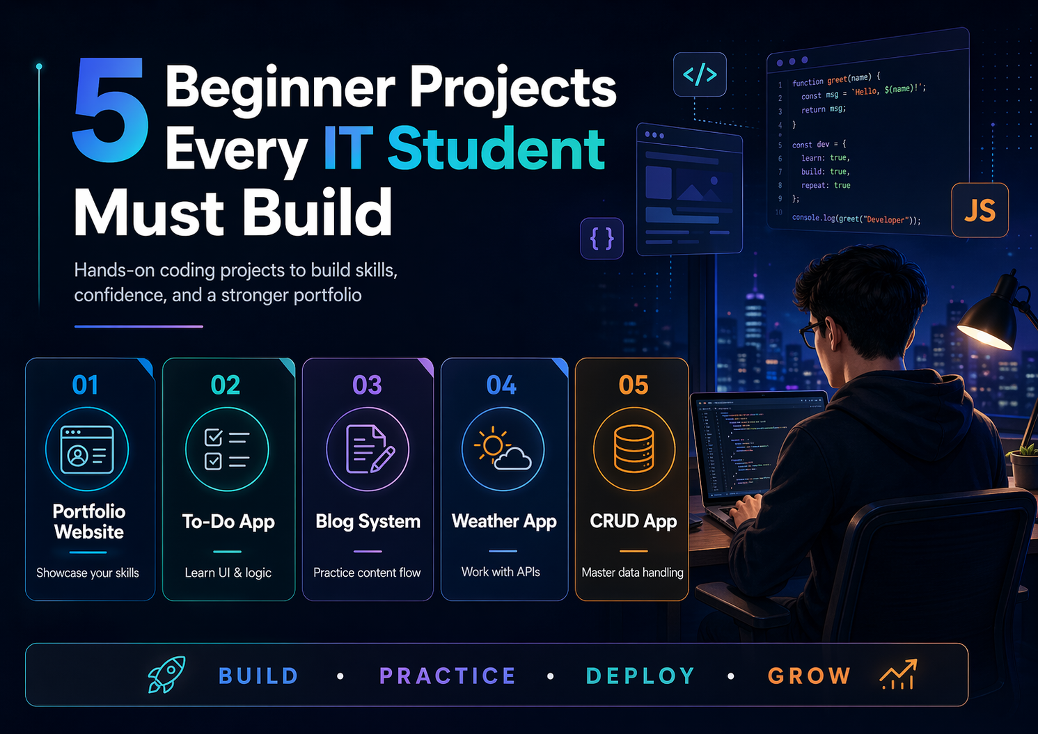 Top beginner programming projects for IT students including portfolio to do app and CRUD app