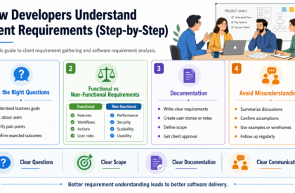 Developers discussing and gathering client requirements for software project