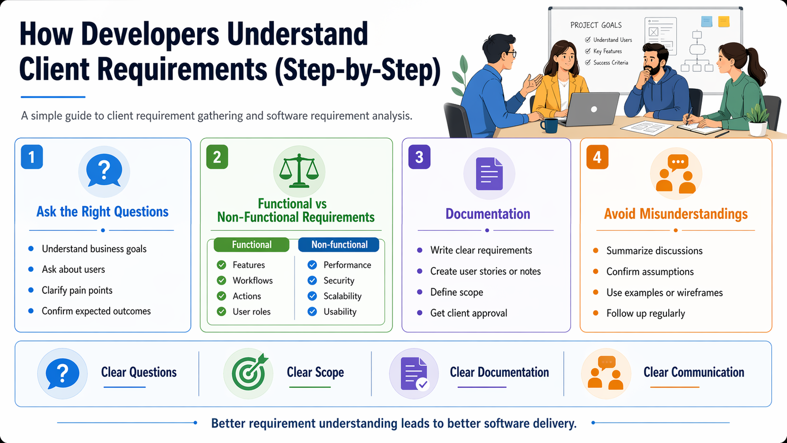 Developers discussing and gathering client requirements for software project