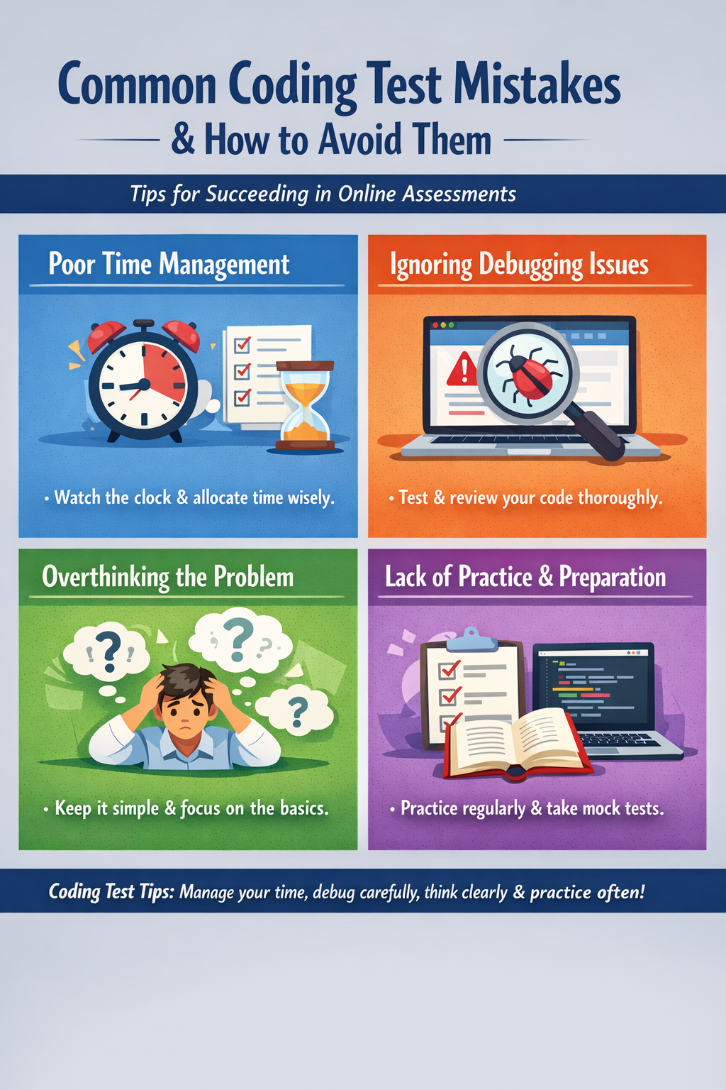 coding test mistakes time management debugging overthinking practice strategy