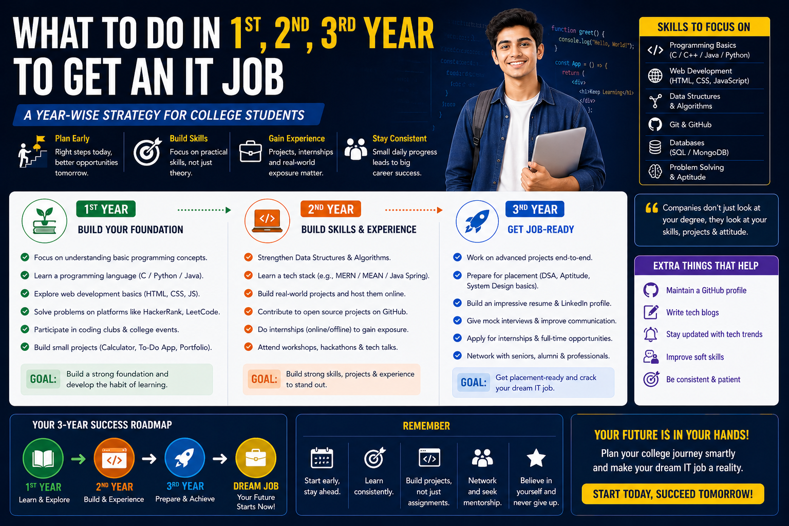 1st 2nd 3rd year roadmap to get IT job step by step