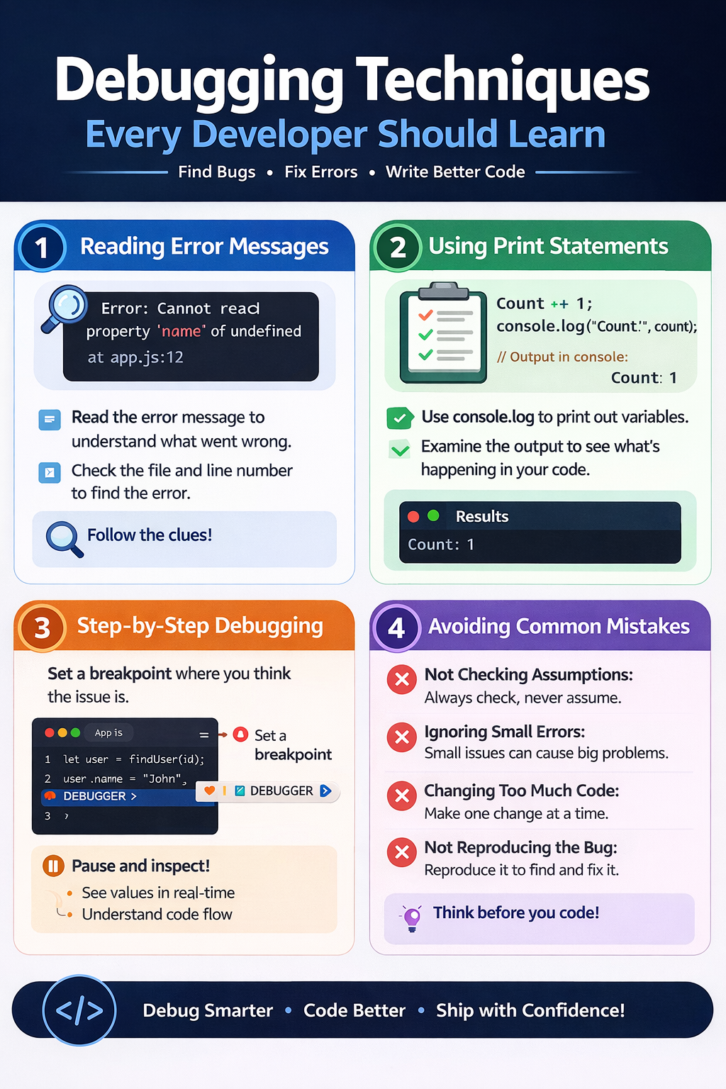 debugging techniques fixing code errors logging breakpoints error messages