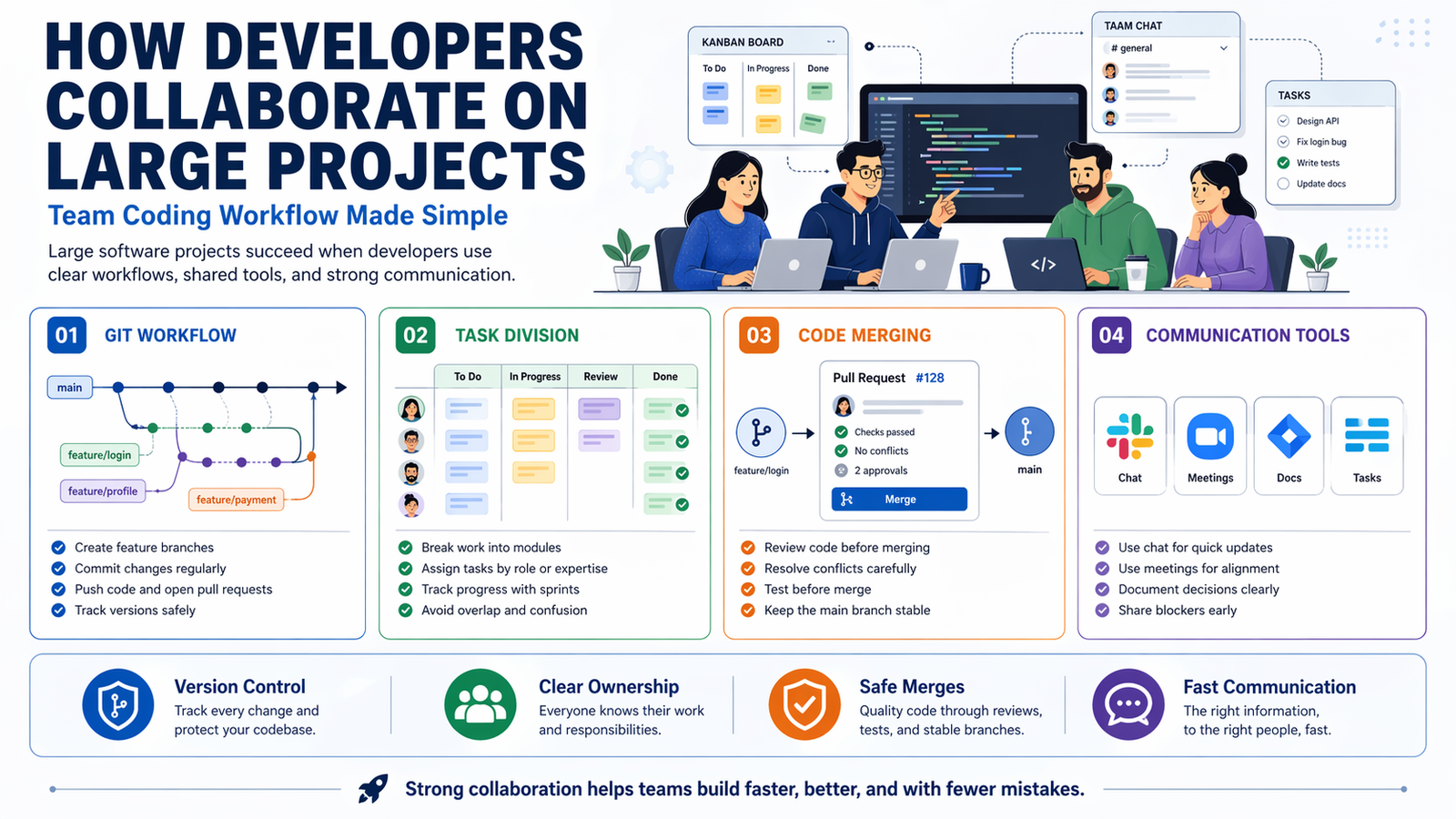 Developers collaborating on large projects using git workflow and team tools