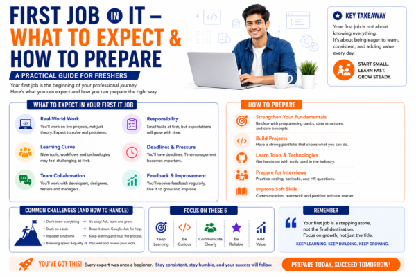 first-it-job-guide-2026 fresher starting first IT job working on computer learning coding
