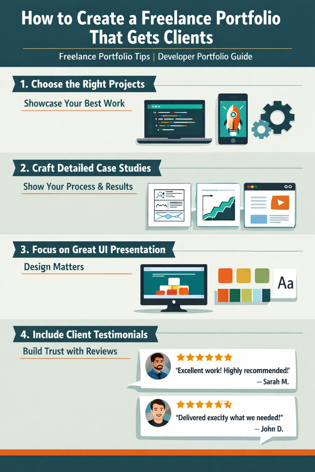 developer portfolio guide with projects case studies testimonials UI clean design
