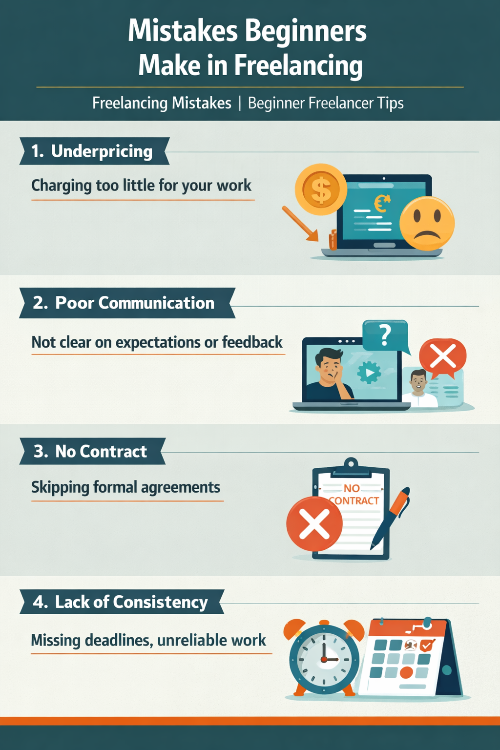 beginner freelancer making mistakes like underpricing poor communication no contract illustration